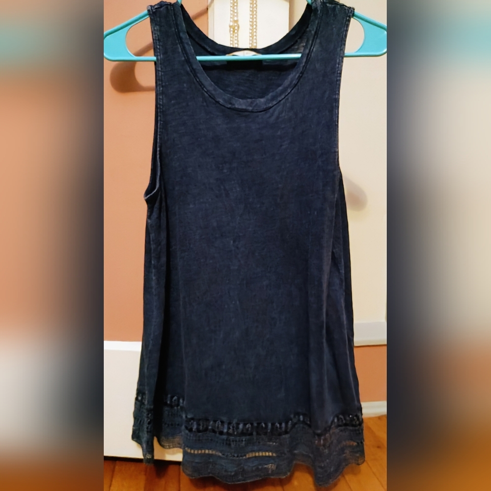 Altar’d State Dark Blue Wash Sleeveless Tank with Lace Hem – Size S